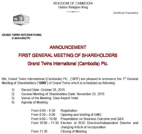 1st General Meeting of Shareholder is scheduled